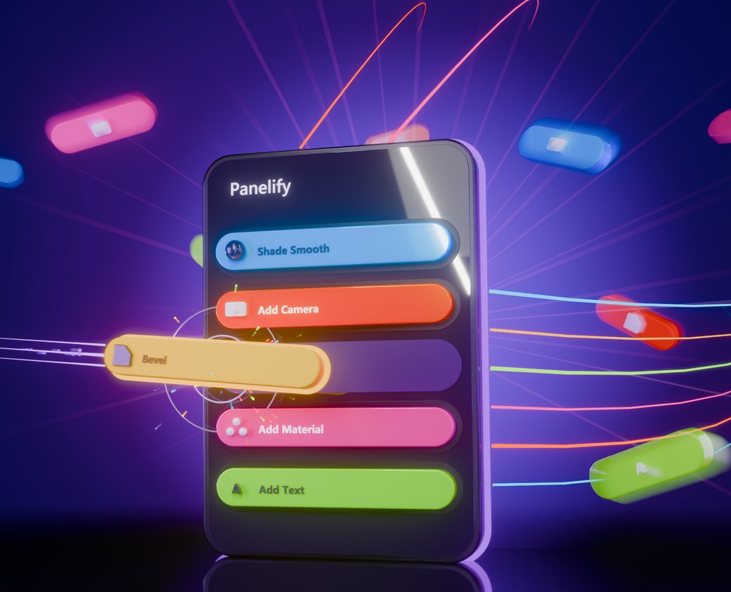 A glowing Panelify panel with colorful buttons flying into it